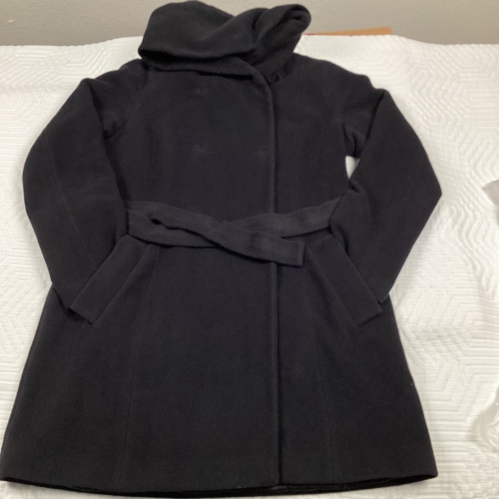 Gerard Darel Black Wool Angora Coat Women's 38 Belted‎ Hooded Missing Buttons